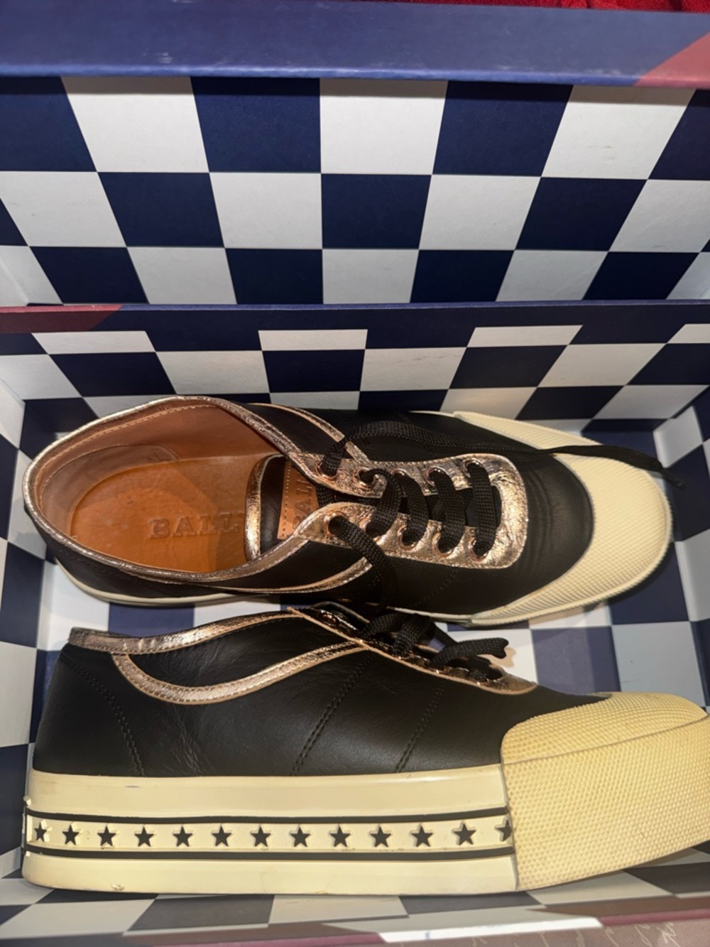 Bally Black Sneakers with Rose-Gold Trim and Cream Toe